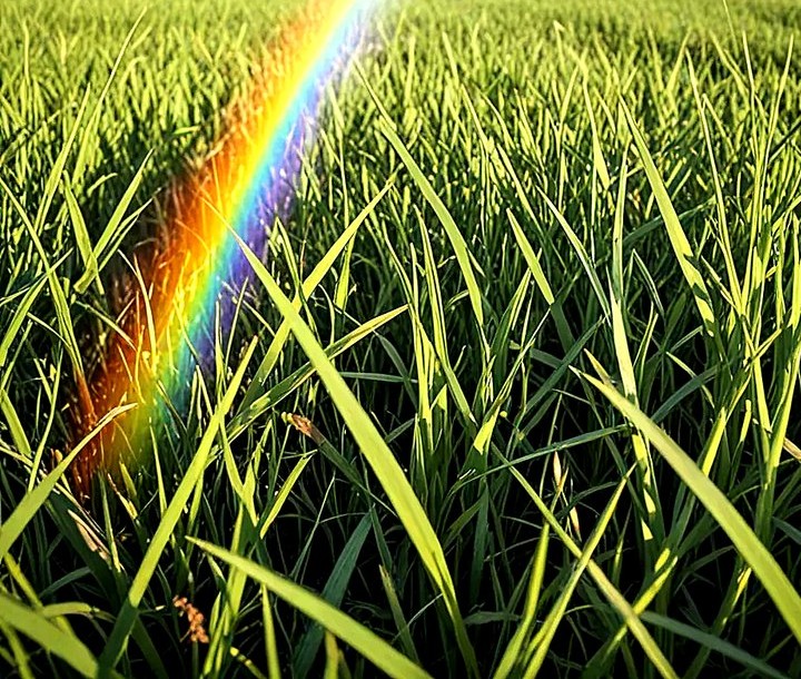 Rainbow over a grass field